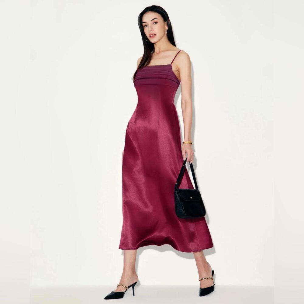RIHOAS Red Satin Square Neck Slip Maxi Dress XS